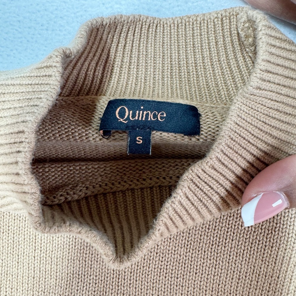 Quince 100% Organic Cotton Fisherman Sweater Camel Tan Mock Neck Womens Small - Picture 2 of 8